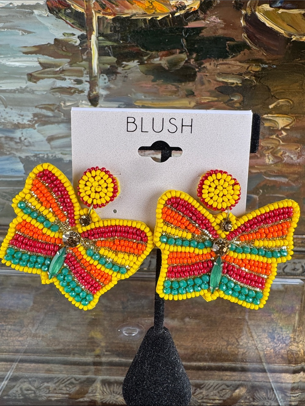 0646-Blush Multicolor Beaded Butterfly Earrings in Yellow, Red, Turquoise